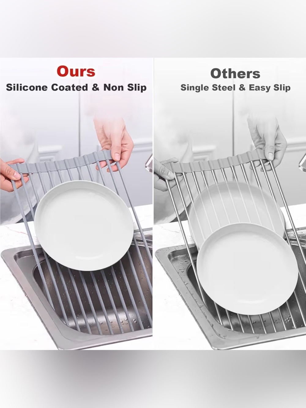 Roll Up Over Sink Dish Drying Rack Gray Silicone Non-Slip Heat Resistant - Picture 6 of 10